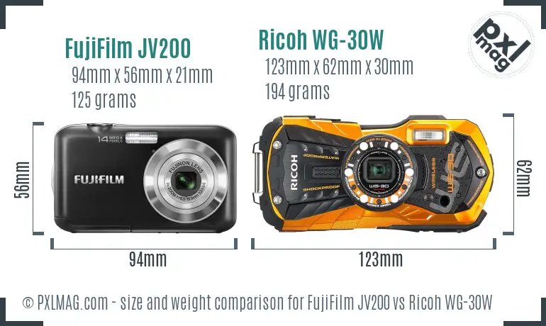 FujiFilm JV200 vs Ricoh WG-30W size comparison