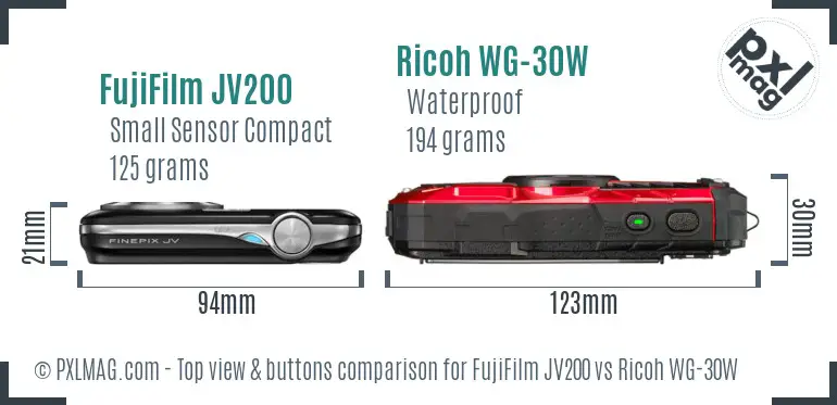 FujiFilm JV200 vs Ricoh WG-30W top view buttons comparison