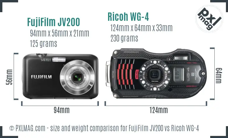 FujiFilm JV200 vs Ricoh WG-4 size comparison