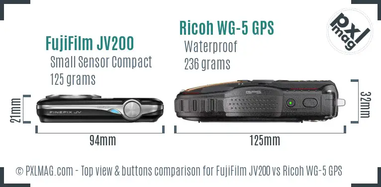 FujiFilm JV200 vs Ricoh WG-5 GPS top view buttons comparison