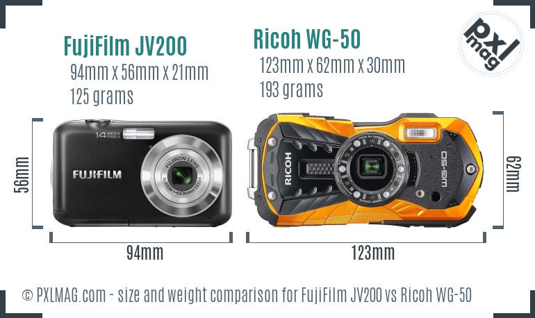 FujiFilm JV200 vs Ricoh WG-50 size comparison