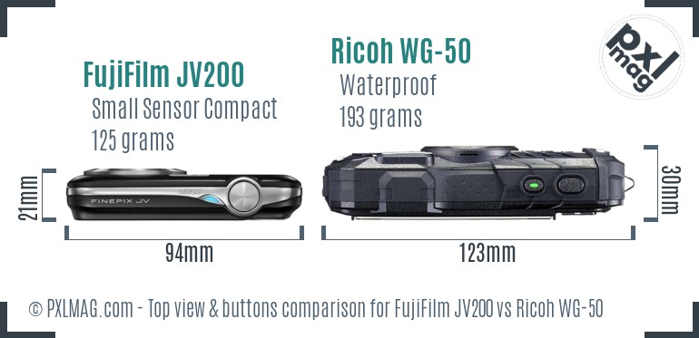 FujiFilm JV200 vs Ricoh WG-50 top view buttons comparison