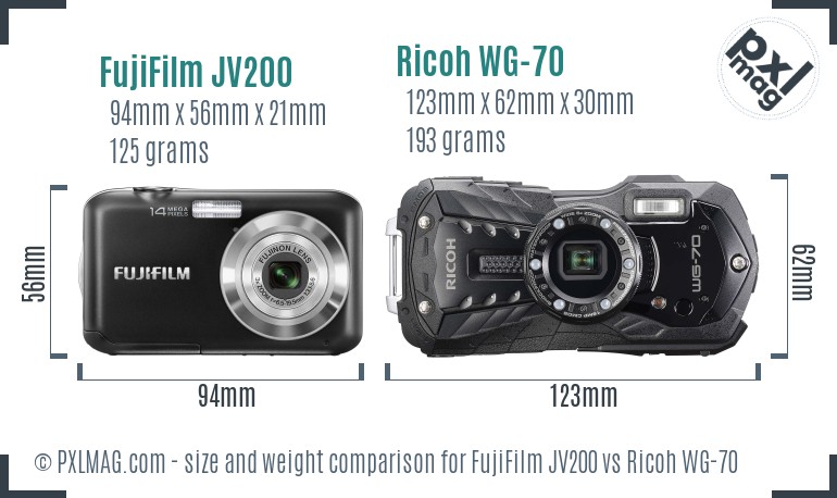 FujiFilm JV200 vs Ricoh WG-70 size comparison