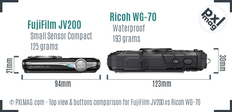 FujiFilm JV200 vs Ricoh WG-70 top view buttons comparison