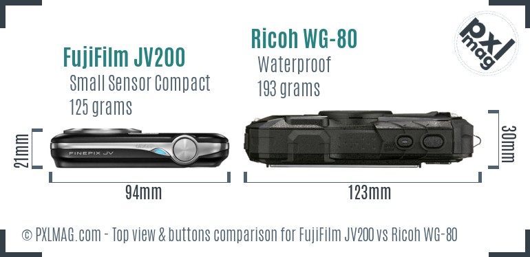 FujiFilm JV200 vs Ricoh WG-80 top view buttons comparison
