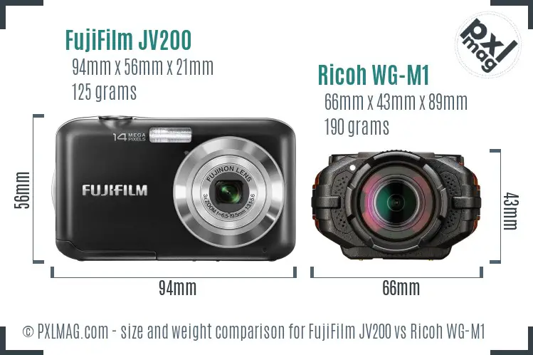 FujiFilm JV200 vs Ricoh WG-M1 size comparison