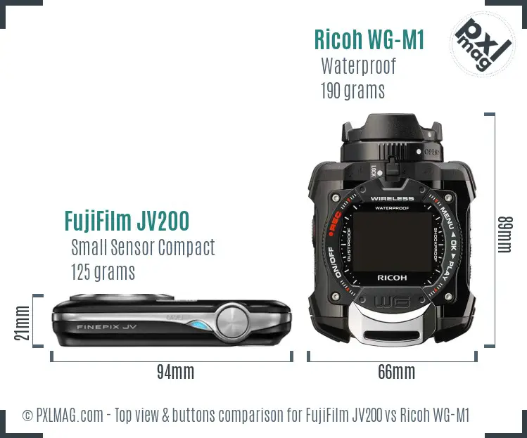 FujiFilm JV200 vs Ricoh WG-M1 top view buttons comparison