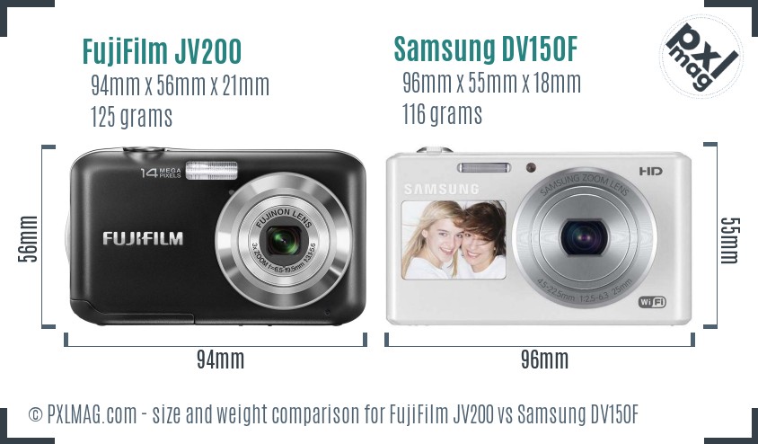 FujiFilm JV200 vs Samsung DV150F size comparison
