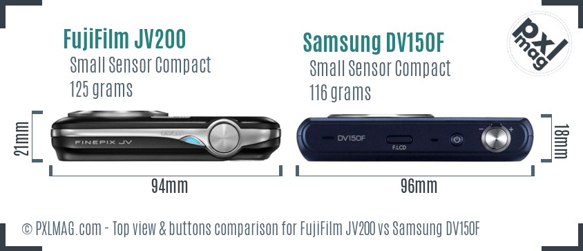 FujiFilm JV200 vs Samsung DV150F top view buttons comparison