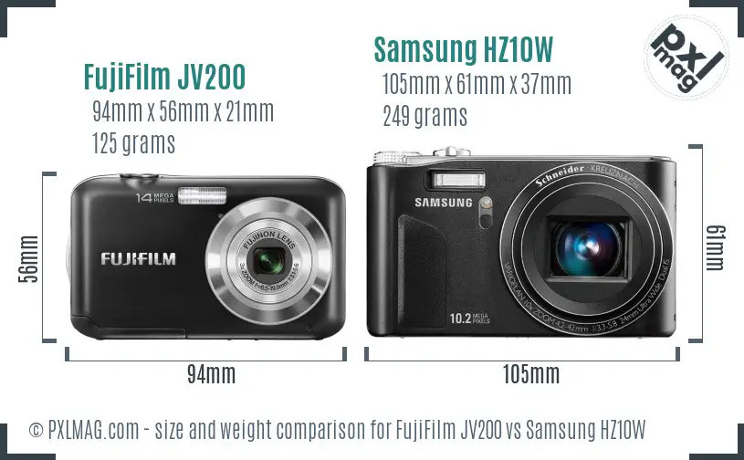 FujiFilm JV200 vs Samsung HZ10W size comparison