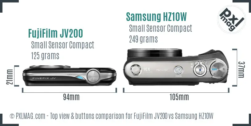FujiFilm JV200 vs Samsung HZ10W top view buttons comparison