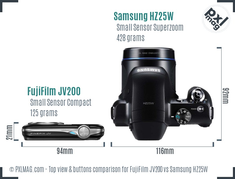 FujiFilm JV200 vs Samsung HZ25W top view buttons comparison