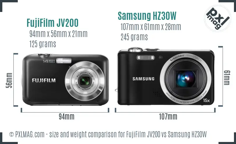 FujiFilm JV200 vs Samsung HZ30W size comparison