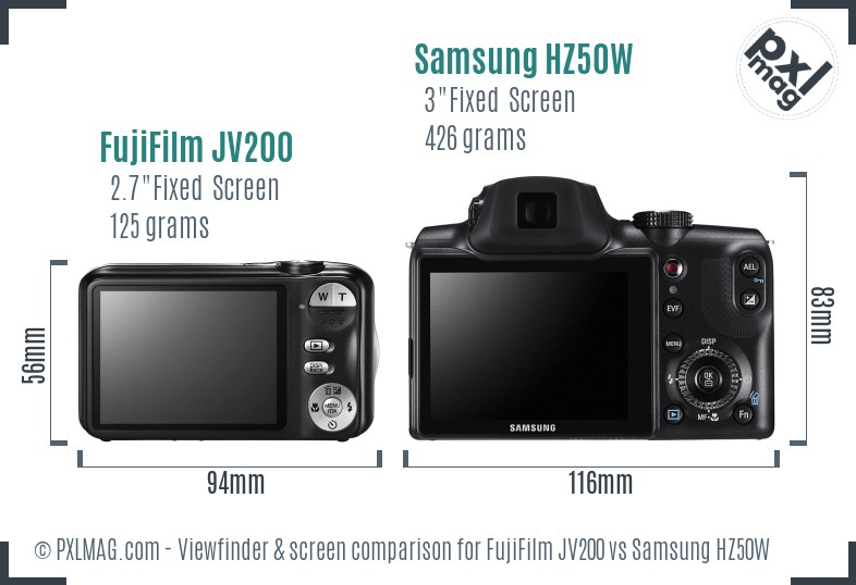 FujiFilm JV200 vs Samsung HZ50W Screen and Viewfinder comparison