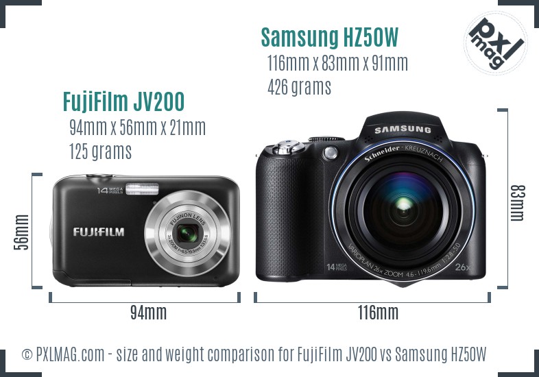 FujiFilm JV200 vs Samsung HZ50W size comparison FujiFilm JV200 vs Samsung HZ50W size comparison