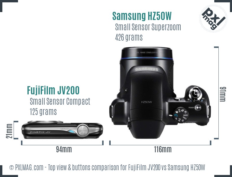 FujiFilm JV200 vs Samsung HZ50W top view buttons comparison