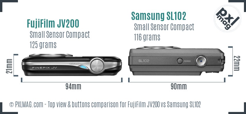 FujiFilm JV200 vs Samsung SL102 top view buttons comparison