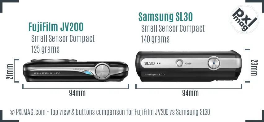 FujiFilm JV200 vs Samsung SL30 top view buttons comparison