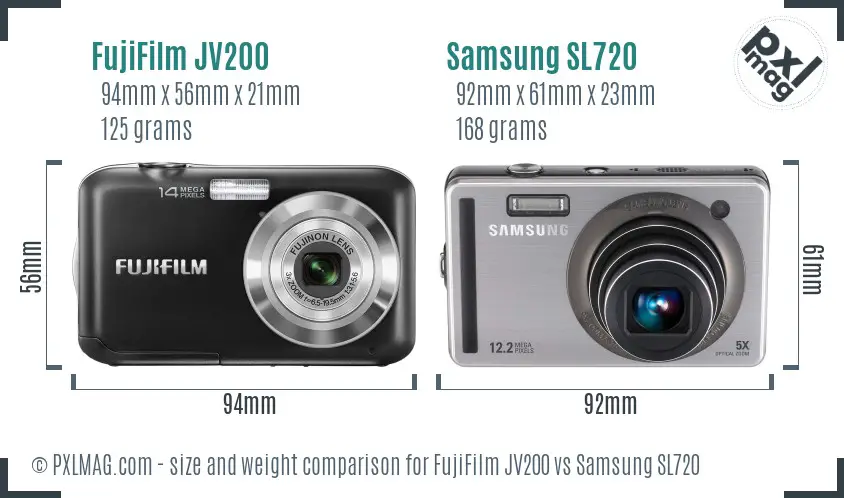 FujiFilm JV200 vs Samsung SL720 size comparison