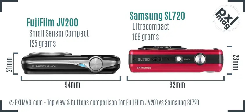 FujiFilm JV200 vs Samsung SL720 top view buttons comparison