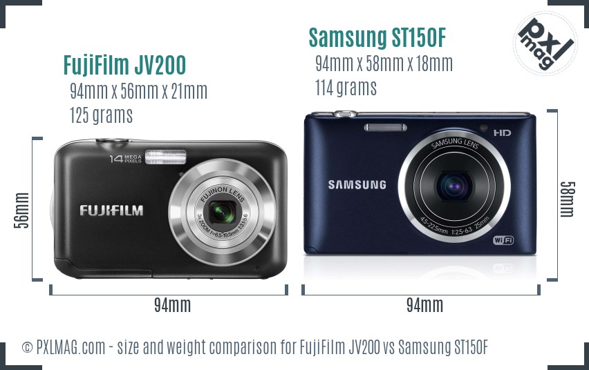FujiFilm JV200 vs Samsung ST150F size comparison