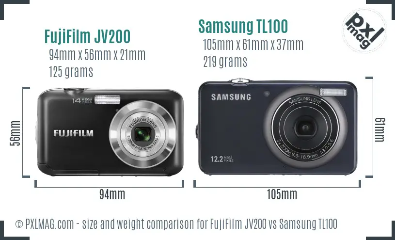 FujiFilm JV200 vs Samsung TL100 size comparison