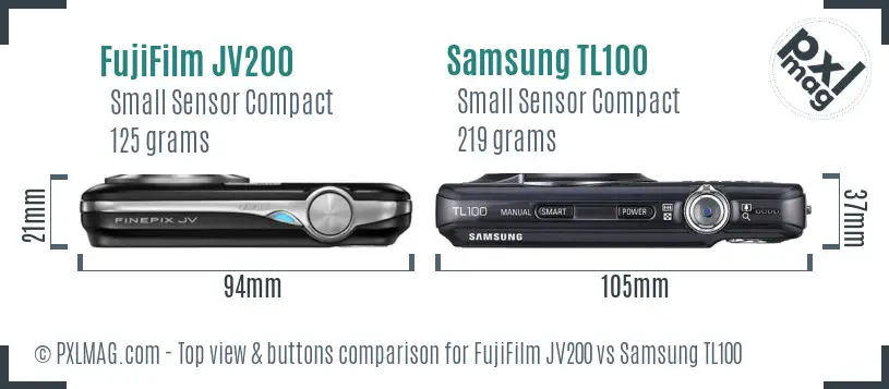 FujiFilm JV200 vs Samsung TL100 top view buttons comparison