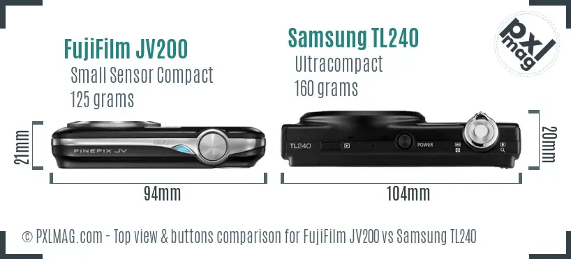 FujiFilm JV200 vs Samsung TL240 top view buttons comparison FujiFilm JV200 vs Samsung TL240 top view buttons comparison
