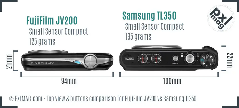 FujiFilm JV200 vs Samsung TL350 top view buttons comparison FujiFilm JV200 vs Samsung TL350 top view buttons comparison