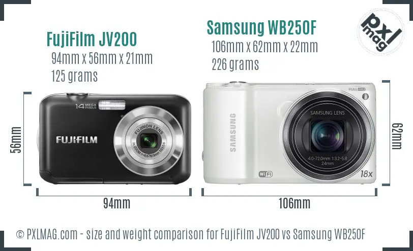 FujiFilm JV200 vs Samsung WB250F size comparison