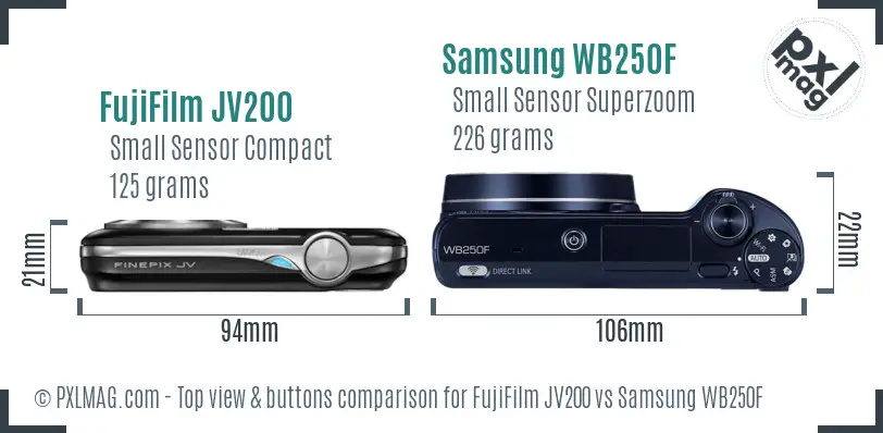 FujiFilm JV200 vs Samsung WB250F top view buttons comparison