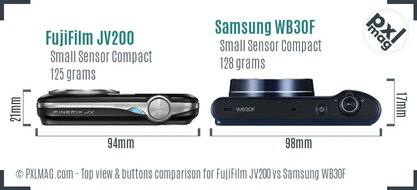FujiFilm JV200 vs Samsung WB30F top view buttons comparison FujiFilm JV200 vs Samsung WB30F top view buttons comparison