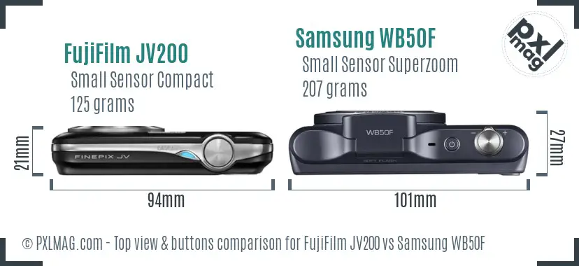 FujiFilm JV200 vs Samsung WB50F top view buttons comparison