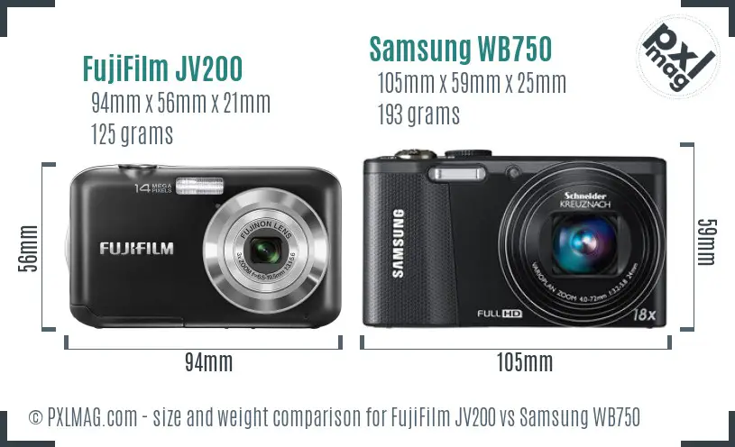 FujiFilm JV200 vs Samsung WB750 size comparison