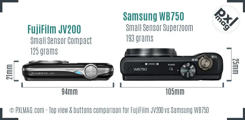 FujiFilm JV200 vs Samsung WB750 top view buttons comparison