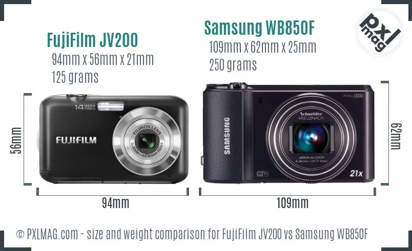 FujiFilm JV200 vs Samsung WB850F size comparison