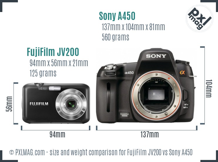 FujiFilm JV200 vs Sony A450 size comparison