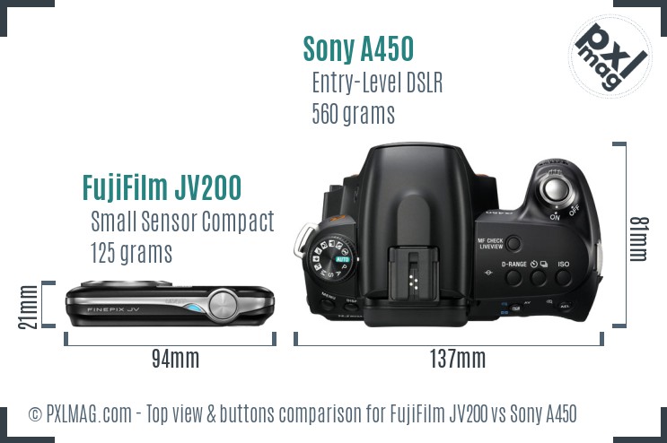 FujiFilm JV200 vs Sony A450 top view buttons comparison