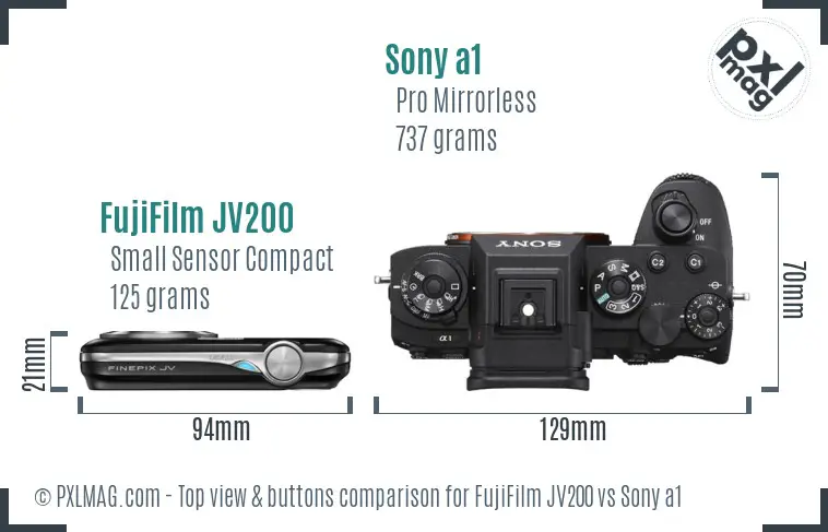 FujiFilm JV200 vs Sony a1 top view buttons comparison FujiFilm JV200 vs Sony a1 top view buttons comparison