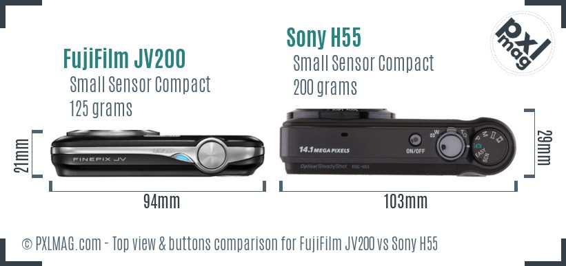 FujiFilm JV200 vs Sony H55 top view buttons comparison