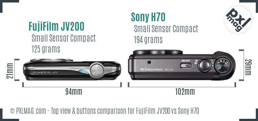 FujiFilm JV200 vs Sony H70 top view buttons comparison FujiFilm JV200 vs Sony H70 top view buttons comparison