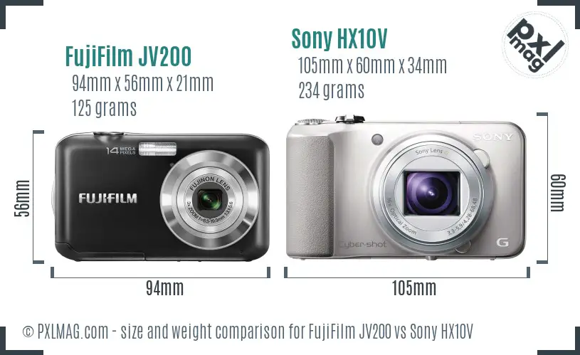 FujiFilm JV200 vs Sony HX10V size comparison