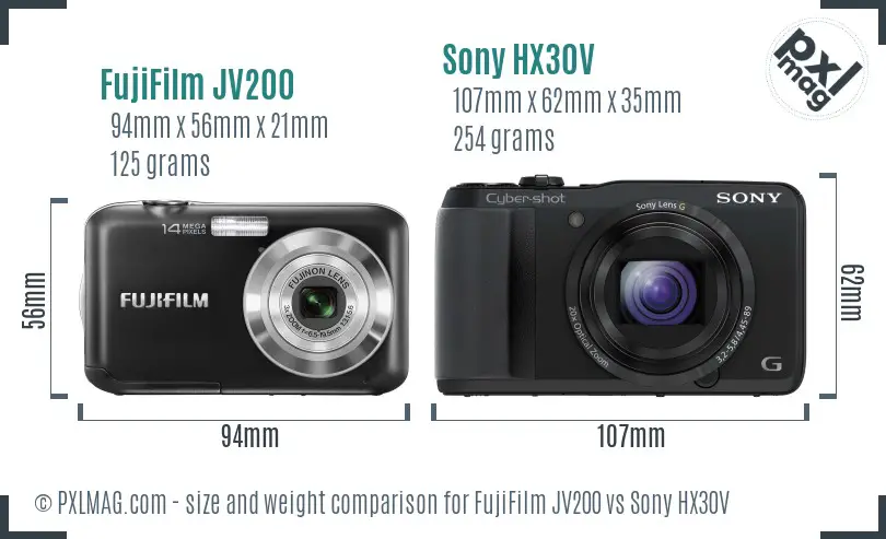 FujiFilm JV200 vs Sony HX30V size comparison