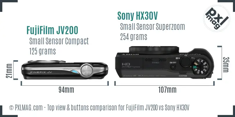 FujiFilm JV200 vs Sony HX30V top view buttons comparison