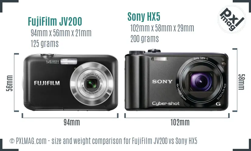 FujiFilm JV200 vs Sony HX5 size comparison