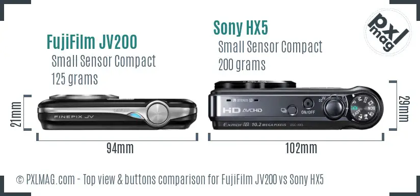 FujiFilm JV200 vs Sony HX5 top view buttons comparison