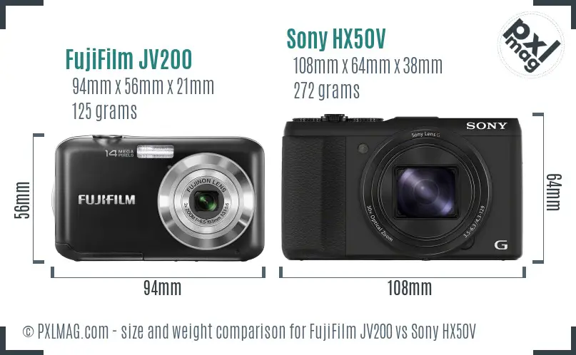 FujiFilm JV200 vs Sony HX50V size comparison