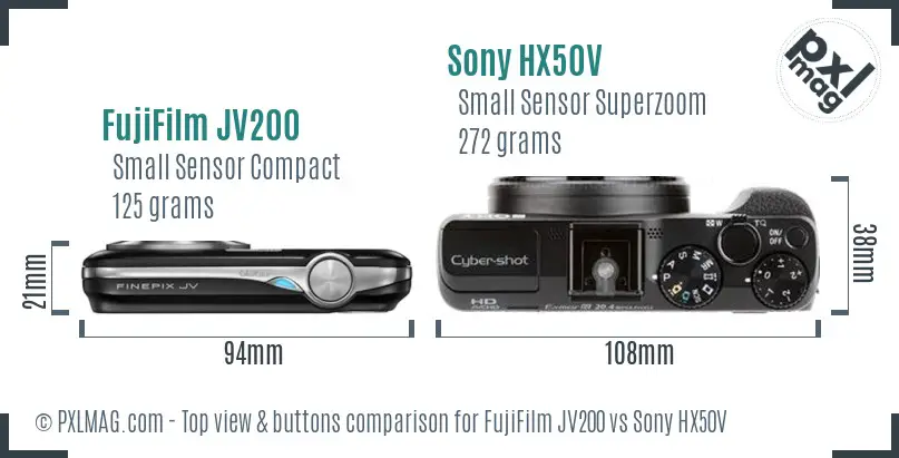 FujiFilm JV200 vs Sony HX50V top view buttons comparison