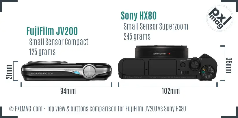 FujiFilm JV200 vs Sony HX80 top view buttons comparison