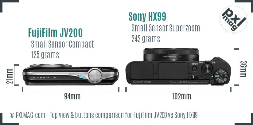 FujiFilm JV200 vs Sony HX99 top view buttons comparison FujiFilm JV200 vs Sony HX99 top view buttons comparison